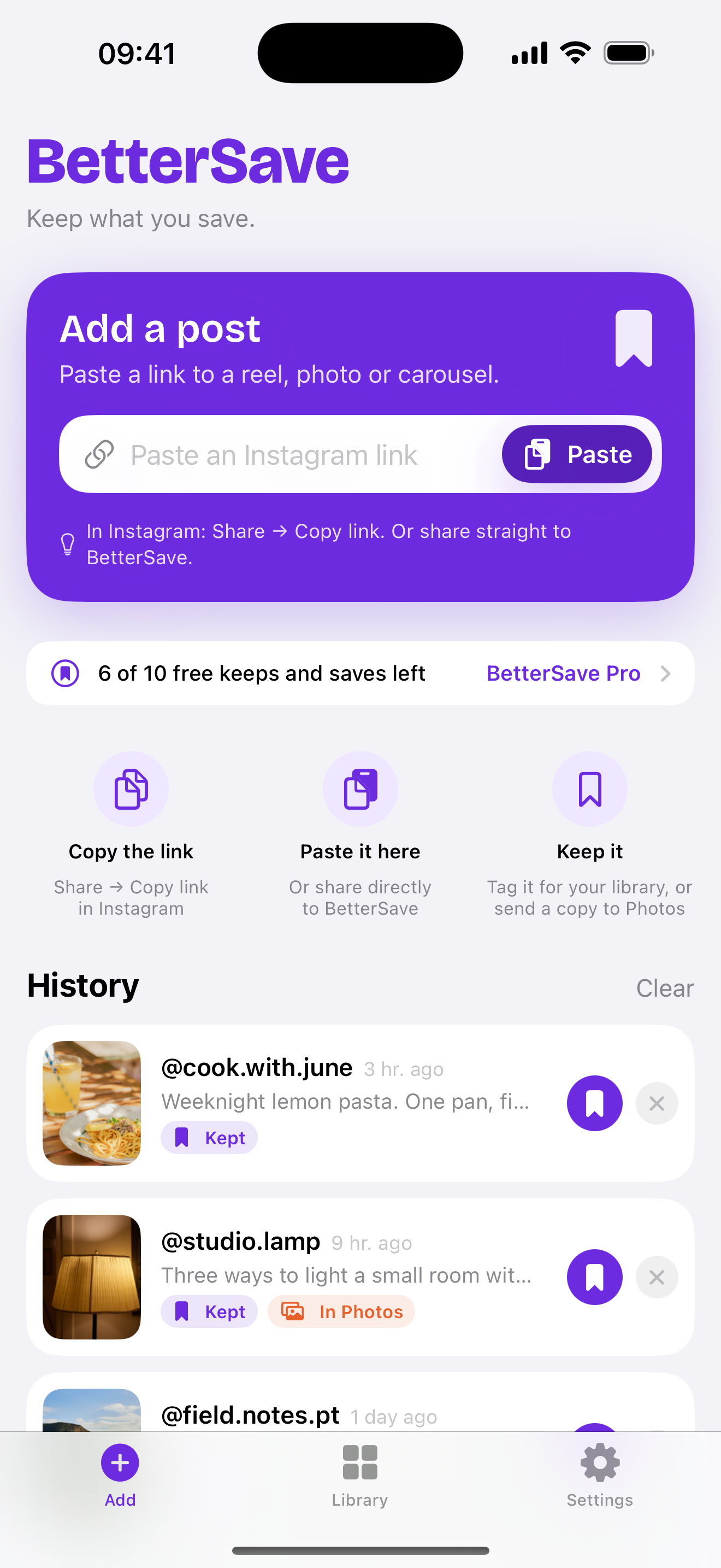 The Add tab with a link field and History