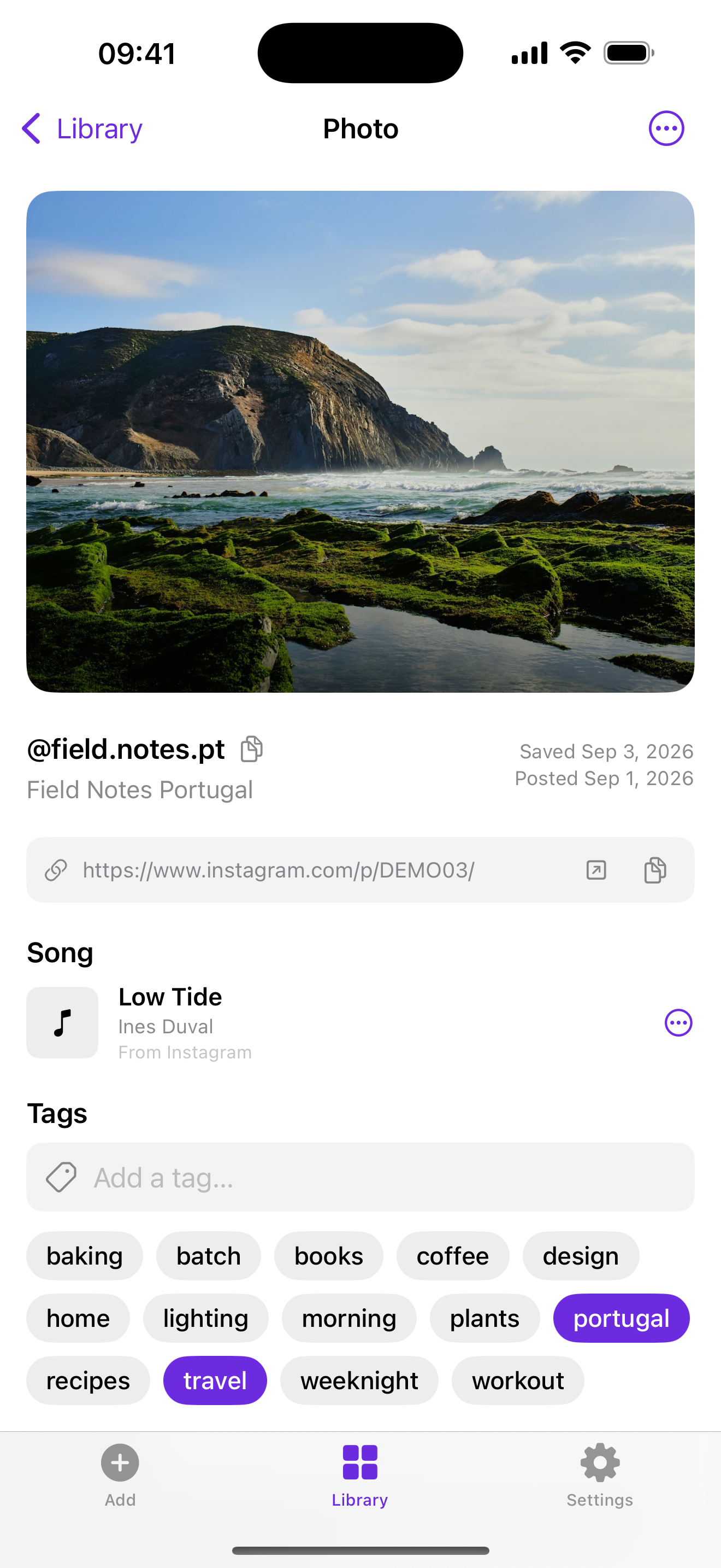 A kept post with its song, tags and notes