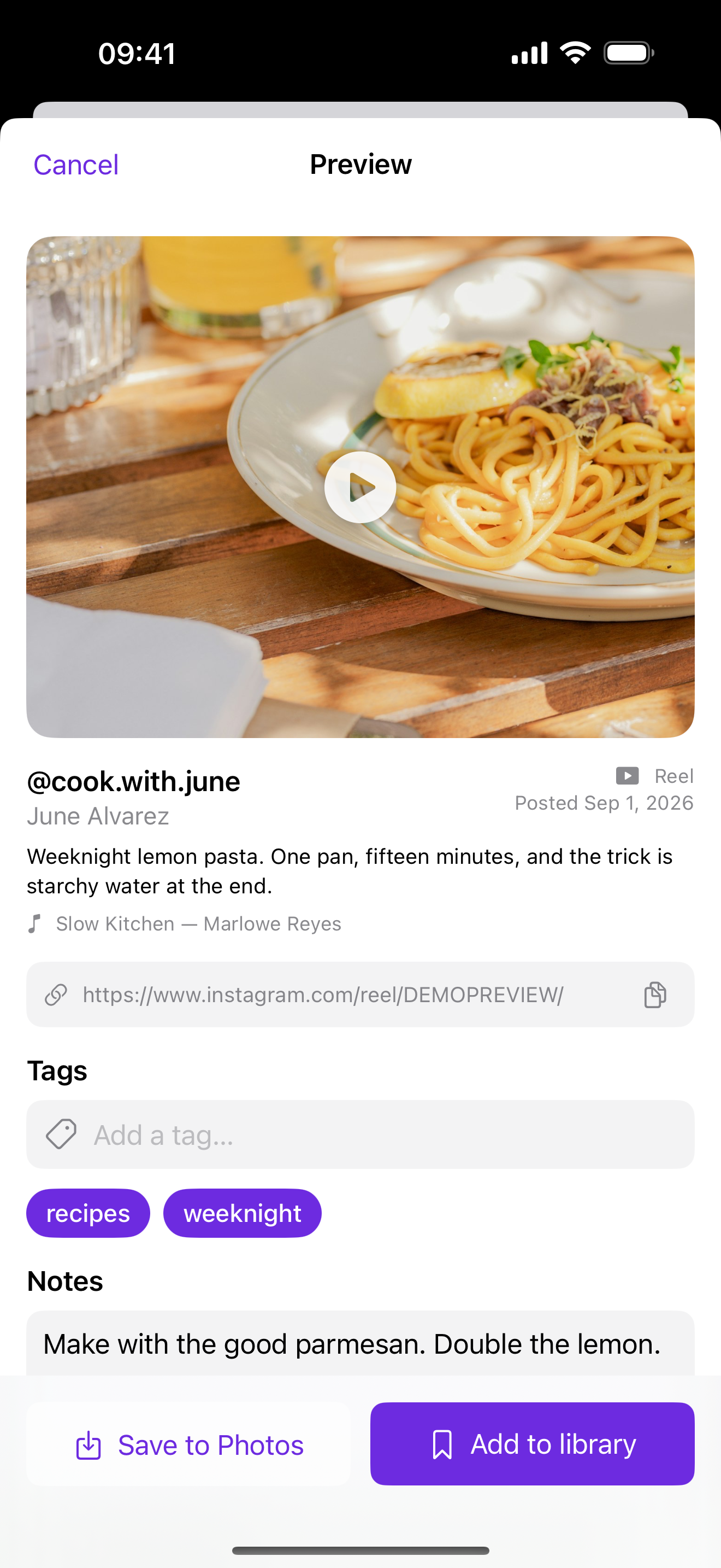 Keeping a reel with the tags recipes and weeknight selected