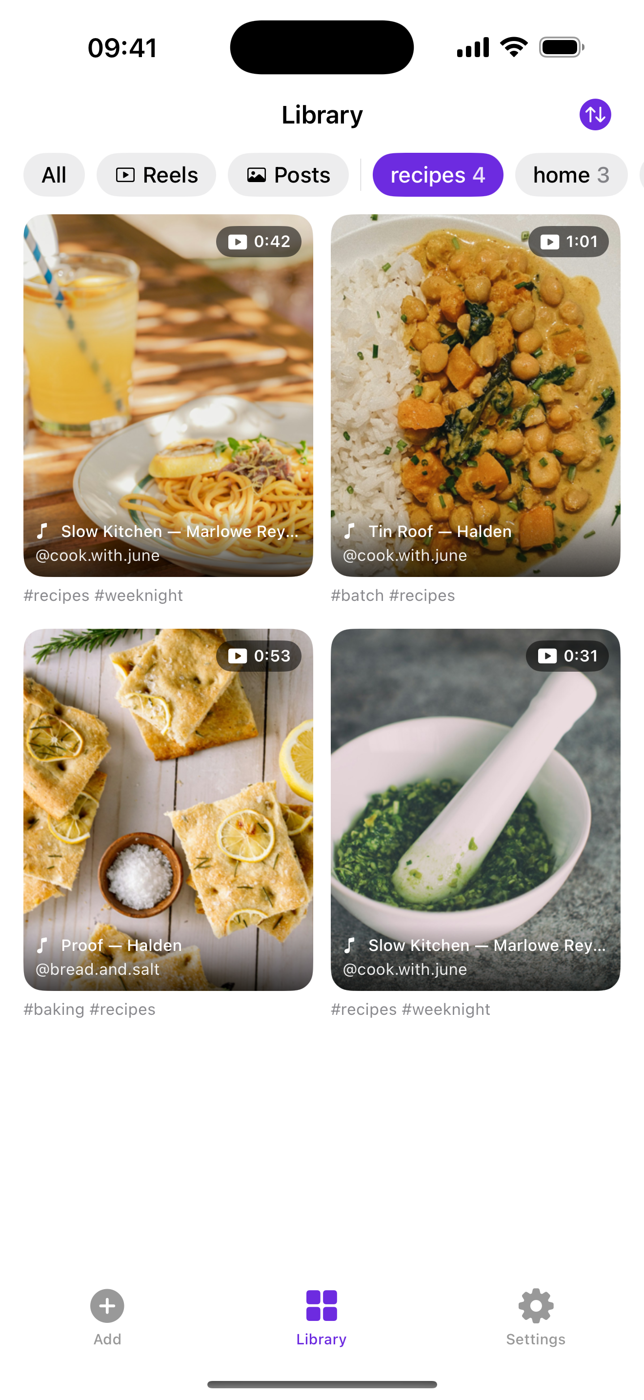 Library grid filtered to the recipes tag